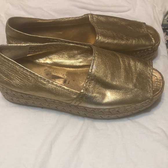 Prada- Gold Peep Toe platform Espadrilles Sz 9. - Picture 3 of 3